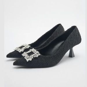 ZARA Black Fabric Embellished Heeled Shoes, 9